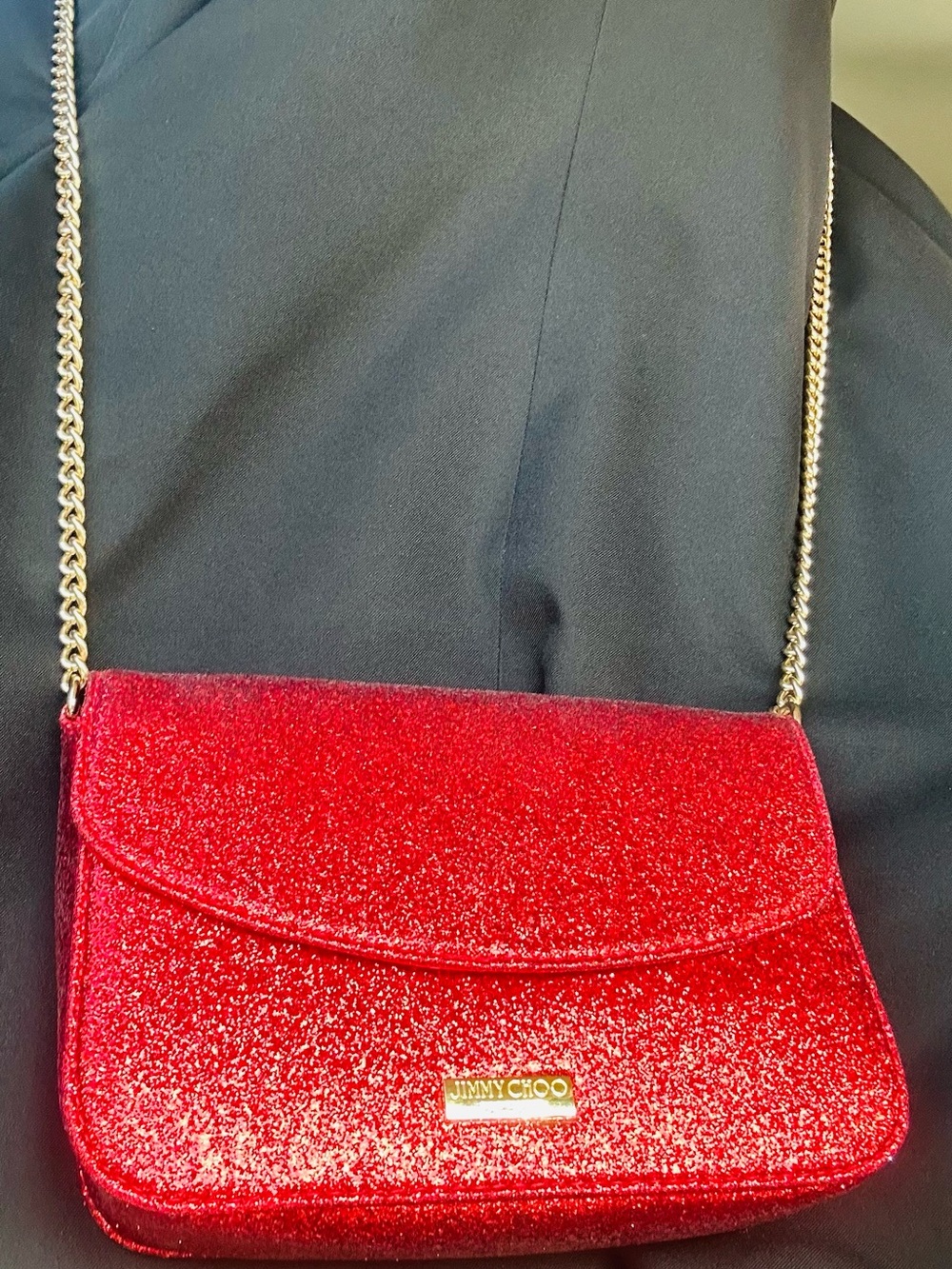 Jimmy Choo Red Glitter Crossbody with Gold Chain Strap